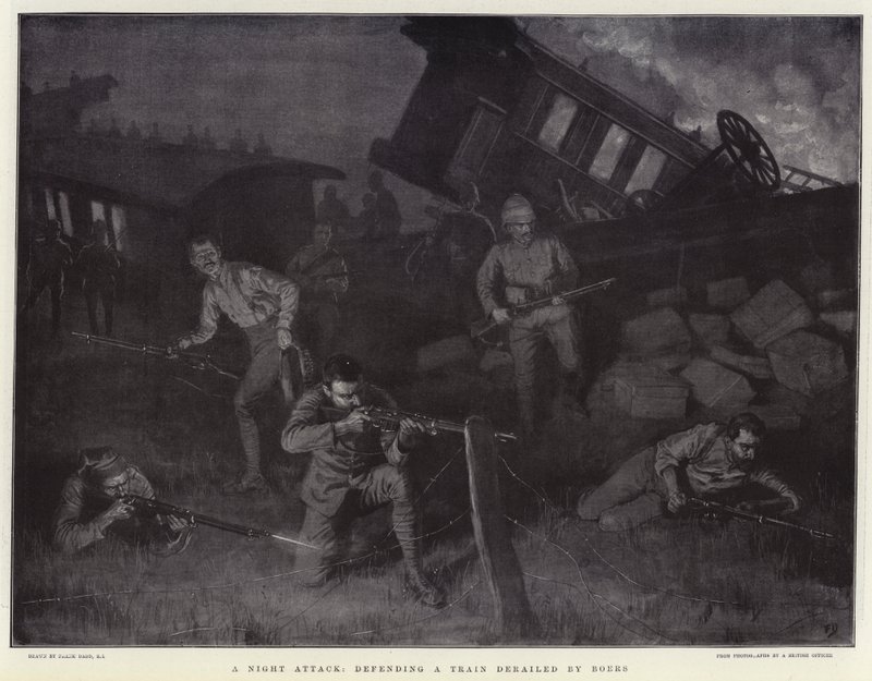 Een Nachtelijke Aanval, het Verdedigen van een Trein die door Boeren is Ontspoord door Frank Dadd