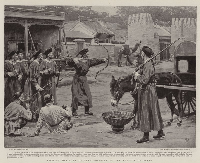 Boogschietoefening door Chinese Soldaten in de Straten van Peking door Frank Dadd