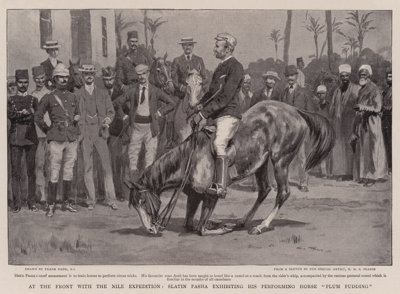 Aan het front met de Nijl-expeditie, Slatin Pasha toont zijn presterende paard Plum Pudding door Frank Dadd