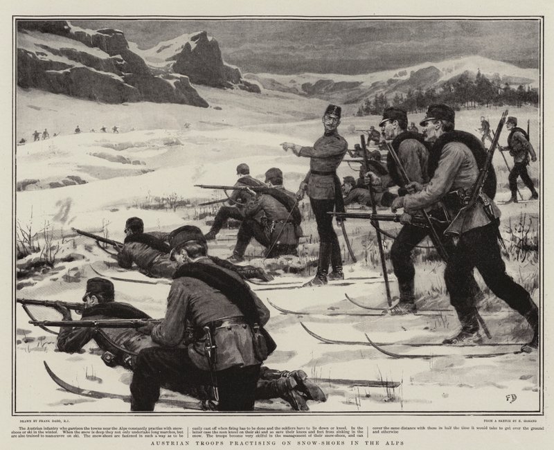 Oostenrijkse troepen oefenen op sneeuwschoenen in de Alpen door Frank Dadd