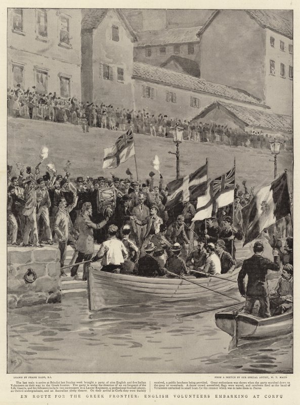Op weg naar de Griekse grens, Engelse vrijwilligers inschepen in Corfu door Frank Dadd