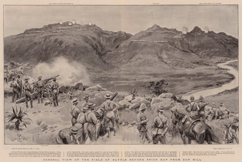 Algemeen overzicht van het slagveld voor Spion Kop vanaf Gun Hill door Frank Dadd