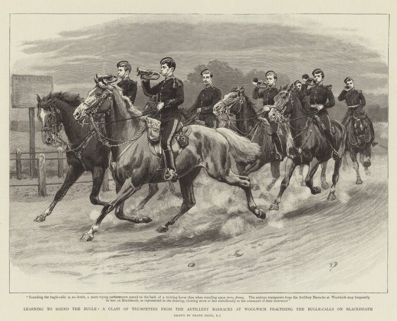 Leren om de Hoorn te Blazen, een Klas van Trompetters van de Artilleriekazerne in Woolwich die de Hoornsignalen oefenen op Blackheath door Frank Dadd