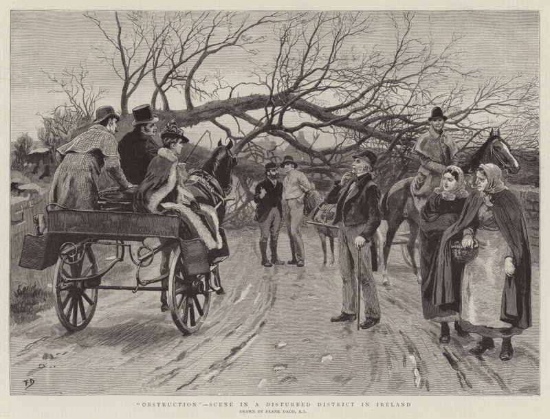 Obstructie, scène in een verstoord district in Ierland door Frank Dadd