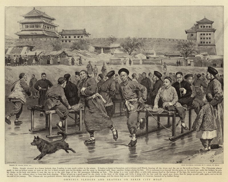 Omnibussleden en schaatsers op de Pekin City-gracht door Frank Dadd