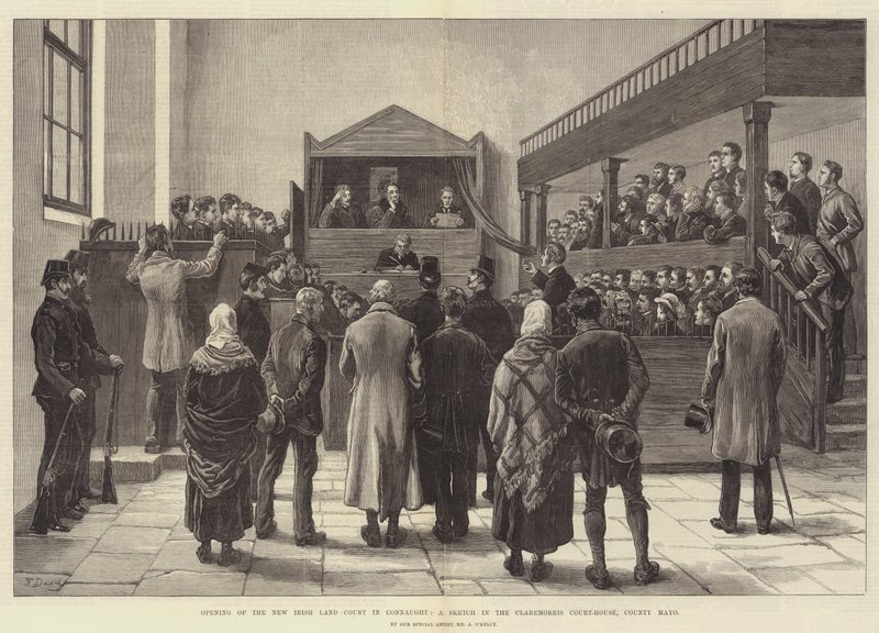 Opening van de nieuwe Ierse Landrechtbank in Connaught, een schets in het gerechtsgebouw van Claremorris, County Mayo door Frank Dadd