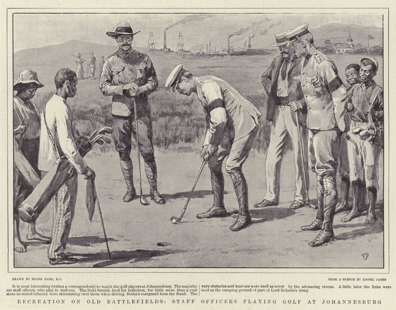 Recreatie op oude slagvelden, stafmedewerkers die golf spelen in Johannesburg door Frank Dadd