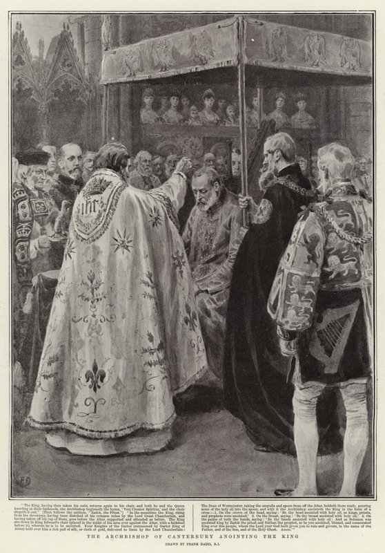 De aartsbisschop van Canterbury zalft de koning door Frank Dadd