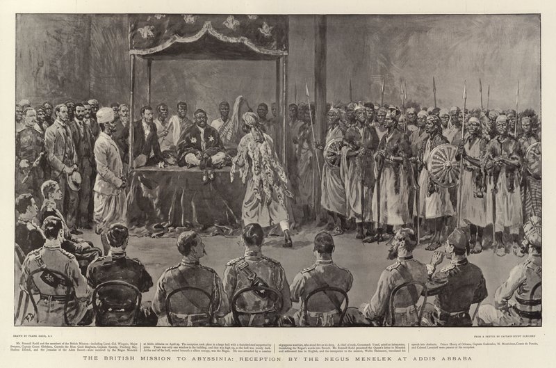 De Britse missie naar Abessinië, ontvangst door de Negus Menelek in Addis Abeba door Frank Dadd