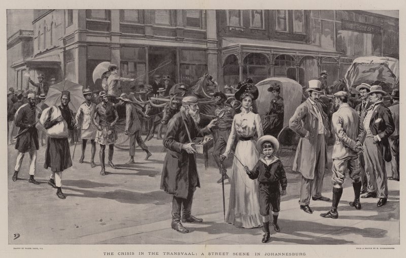 De Crisis in de Transvaal, een Straatscène in Johannesburg door Frank Dadd