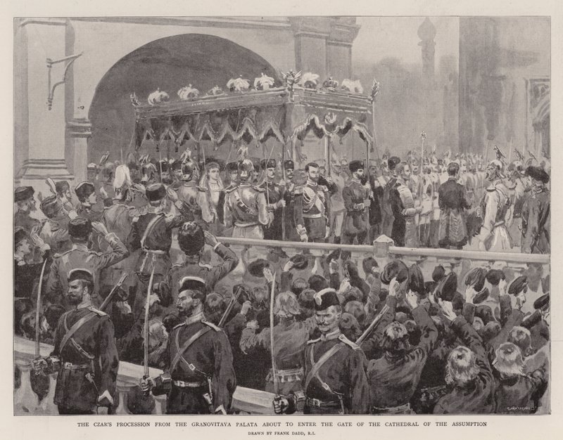 De Processie van de Tsaar van de Granovitaya Palata op weg naar de Poort van de Kathedraal van de Hemelvaart door Frank Dadd