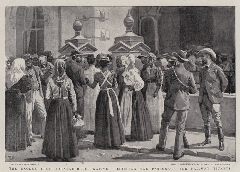 De exodus uit Johannesburg, inboorlingen belegeren de pastorie voor treinkaartjes door Frank Dadd
