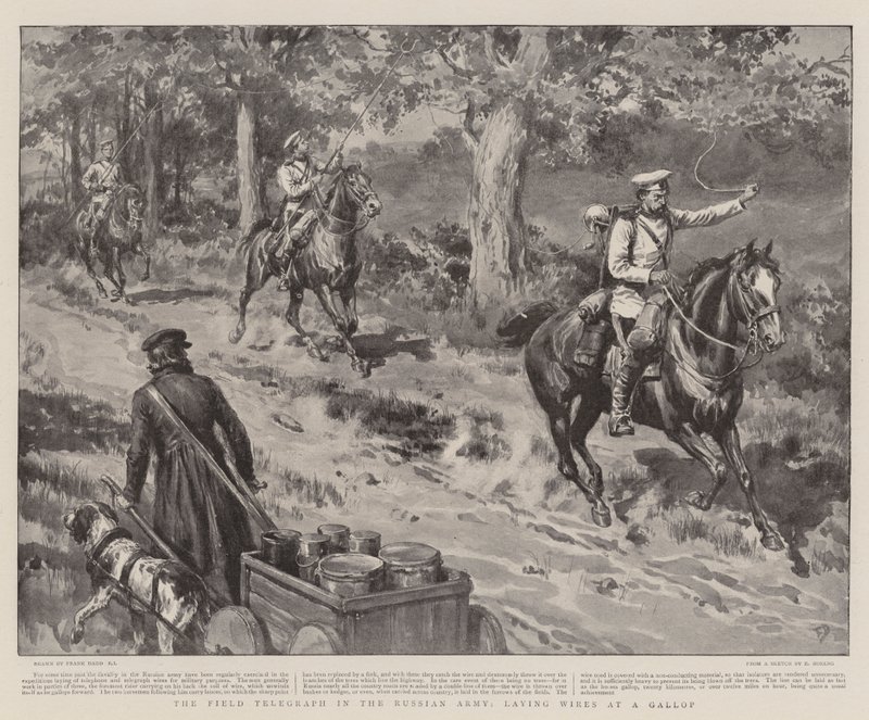 Het veldtelegraaf in het Russische leger, draden leggen in galop door Frank Dadd