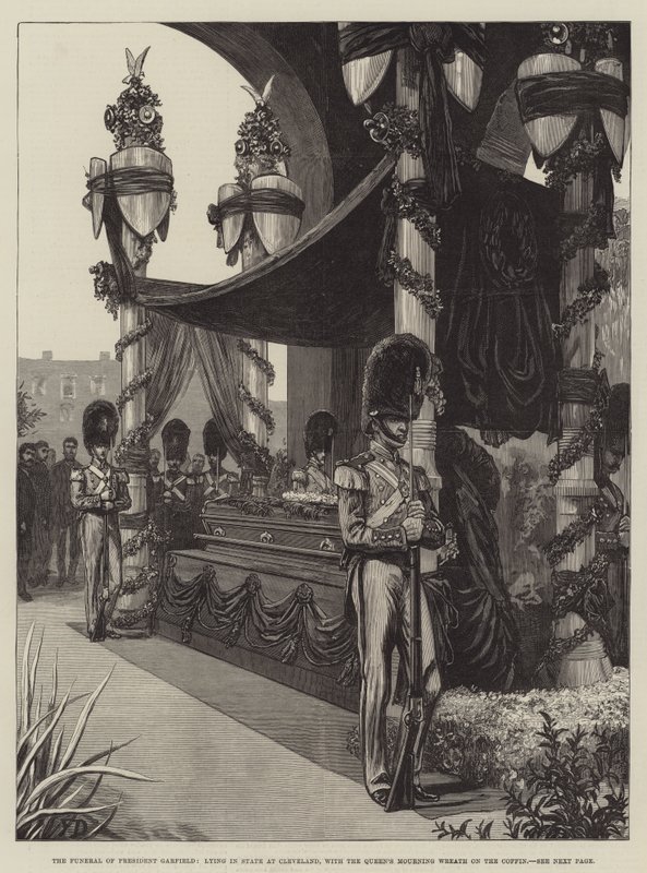De begrafenis van president Garfield, opgebaard in Cleveland, met de rouwkrans van de koningin op de kist door Frank Dadd