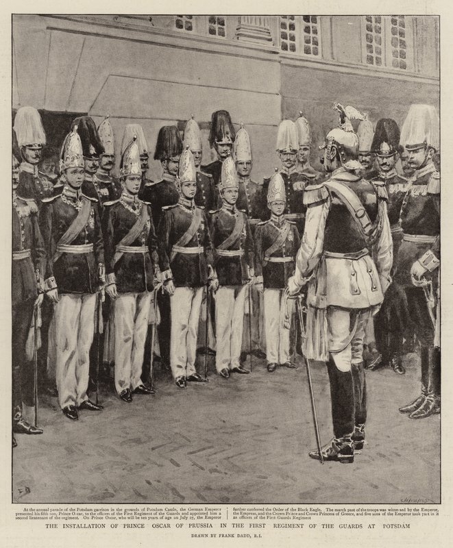 De installatie van Prins Oscar van Pruisen in het Eerste Regiment van de Garde in Potsdam door Frank Dadd