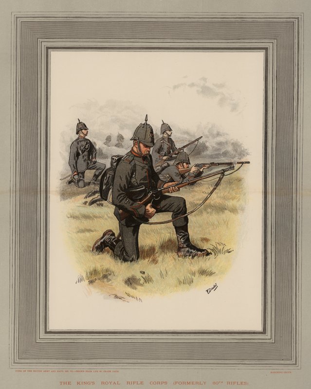 Het Koninklijk Geweer Korps van de Koning, voorheen 60e Geweer (chromolitho) door Frank Dadd