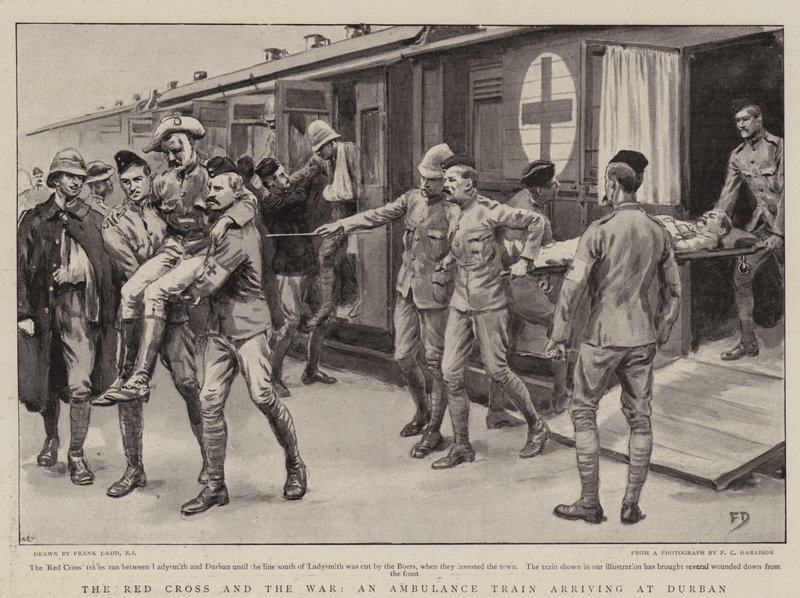 Het Rode Kruis en de Oorlog, een Ambulancetrein die aankomt in Durban door Frank Dadd