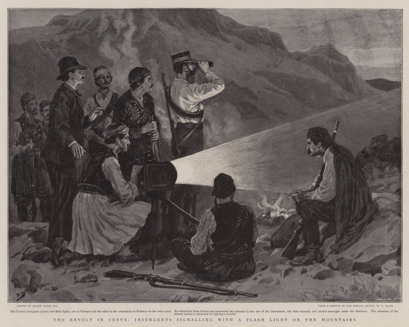 De Opstand op Kreta, Opstandelingen seinen met een Zaklamp op de Berg door Frank Dadd
