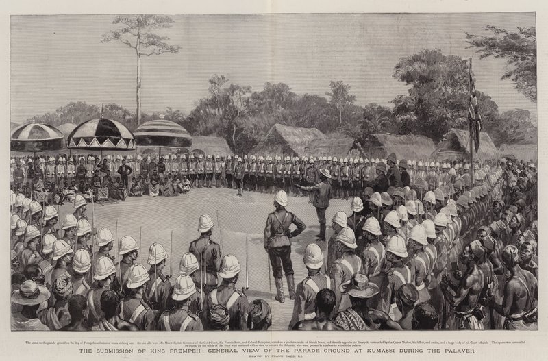 De onderwerping van koning Prempeh, algemeen overzicht van het paradeplein in Kumassi tijdens de Palaver door Frank Dadd