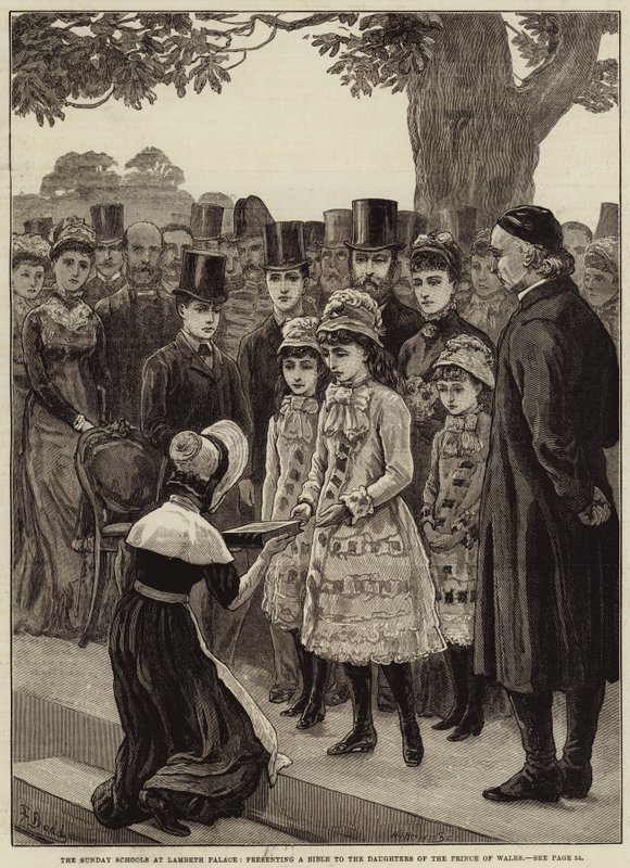 De Zondagscholen bij Lambeth Palace, overhandigen een Bijbel aan de Dochters van de Prins van Wales door Frank Dadd