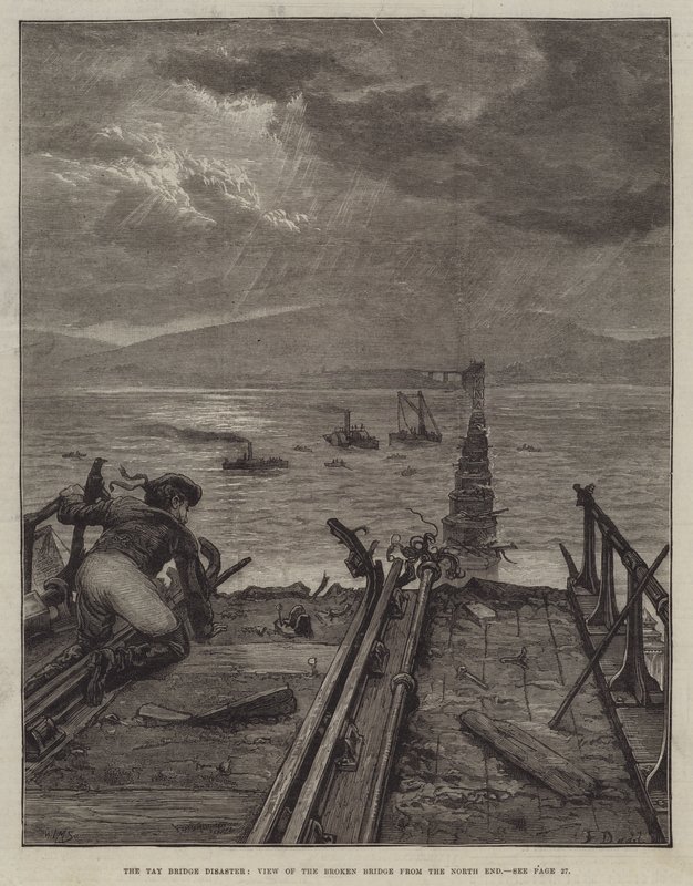 De Tay Bridge ramp, uitzicht op de gebroken brug vanaf het noordelijke uiteinde door Frank Dadd