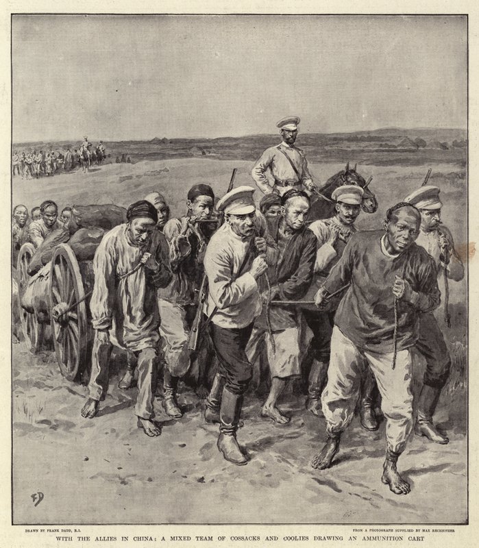Met de Geallieerden in China, een Gemengd Team van Kozakken en Koelies die een Munitiewagen trekken door Frank Dadd