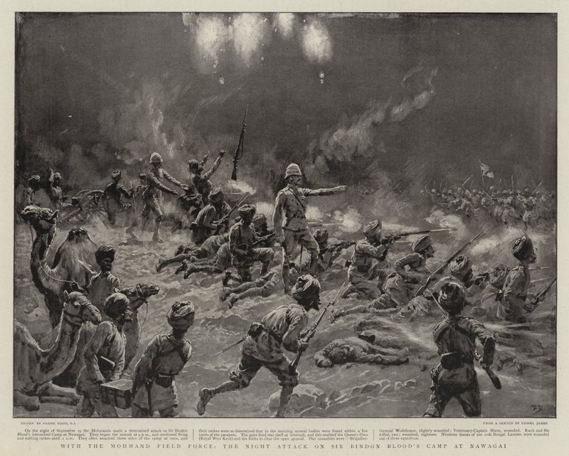 Met de Mohmand Field Force, de nachtelijke aanval op het kamp van Sir Bindon Blood in Nawagai door Frank Dadd