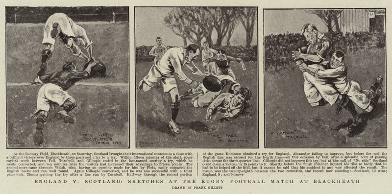 Engeland tegen Schotland, schetsen bij de rugbywedstrijd in Blackheath door Frank Gillett