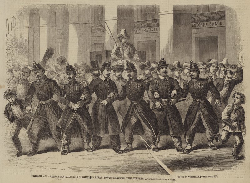 Franse en Sardijnse soldaten zingen krijgsliederen door de straten van Turijn door Frank Vizetelly