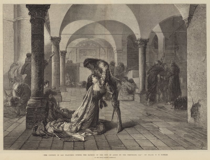Het Klooster van San Francesco tijdens de Plundering van de Stad Assisi door de Perugianen, 1442 door Frank William Warwick Topham