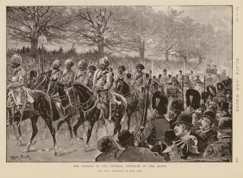 Koningin Victoria en de processie door Hyde Park om het Imperial Institute te openen (gravure) door Frank (after) Feller