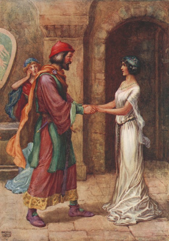 Geraldine en de Baron, uit Christabel door Samuel Taylor Coleridge (kleur litho) door Frank Adams