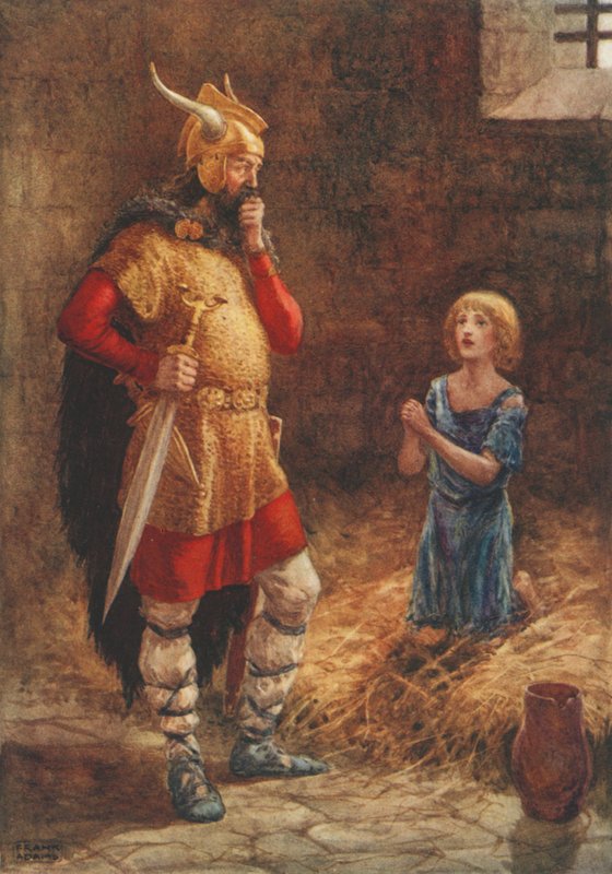 Havelok smeekt om genade van Godard, uit de oude ballade Havelok de Deen (kleur litho) door Frank Adams