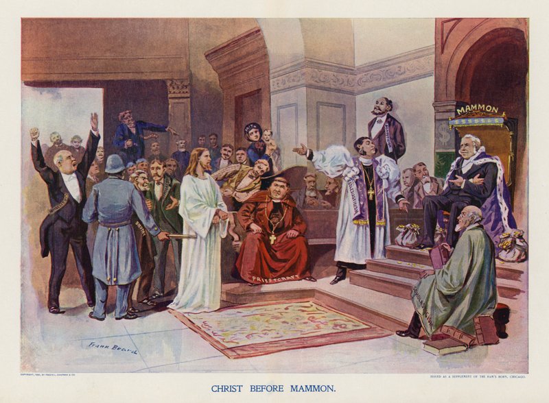 Christus voor Mammon (kleurenlitho) door Frank Beard