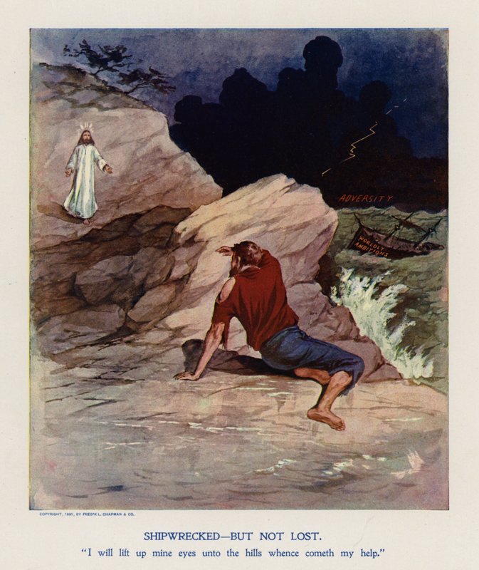 Schipbreukeling, maar niet verloren (kleurenlitho) door Frank Beard