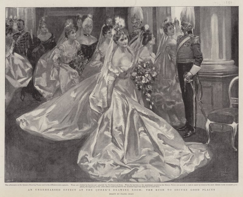 Een Ongepland Effect in de Ontvangstkamer van de Koningin, de Stormloop om Goede Plaatsen te Bemachtigen door Frank Craig