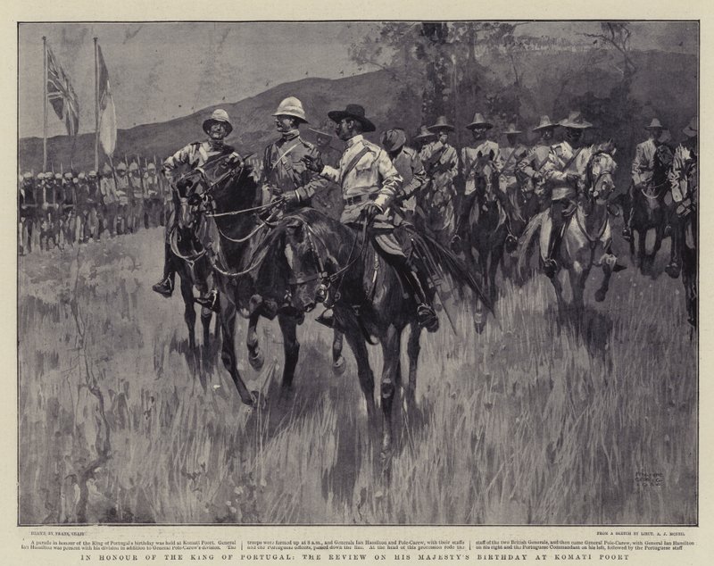 Ter ere van de koning van Portugal, de parade op de verjaardag van Zijne Majesteit in Komati Poort door Frank Craig