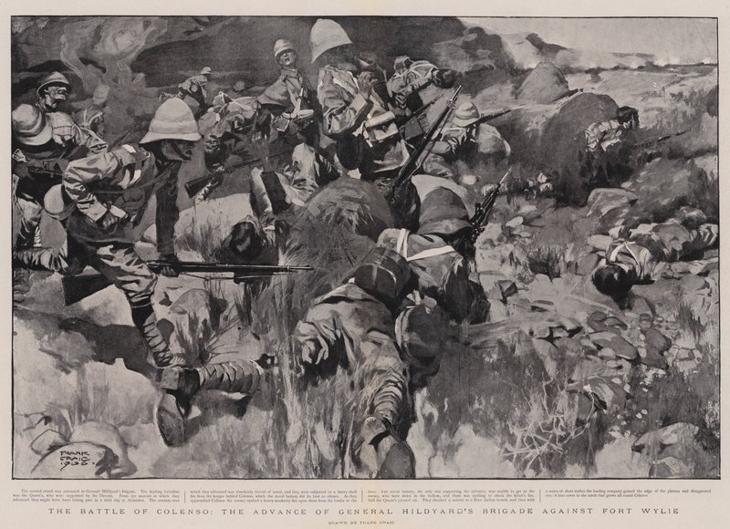 De Slag bij Colenso, de Vooruitgang van de Brigade van Generaal Hildyard tegen Fort Wylie door Frank Craig
