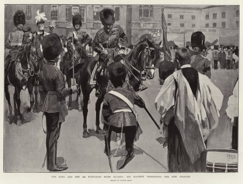 De koning en het 3e bataljon Scots Guards, Zijne Majesteit presenteert de nieuwe kleuren door Frank Craig
