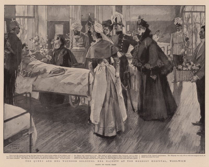 De koningin en haar gewonde soldaten, Hare Majesteit in het Herbert Hospital, Woolwich door Frank Craig