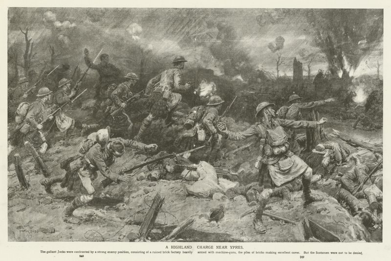 Een Hooglandaanval nabij Ieper, Eerste Wereldoorlog door Frank Dadd