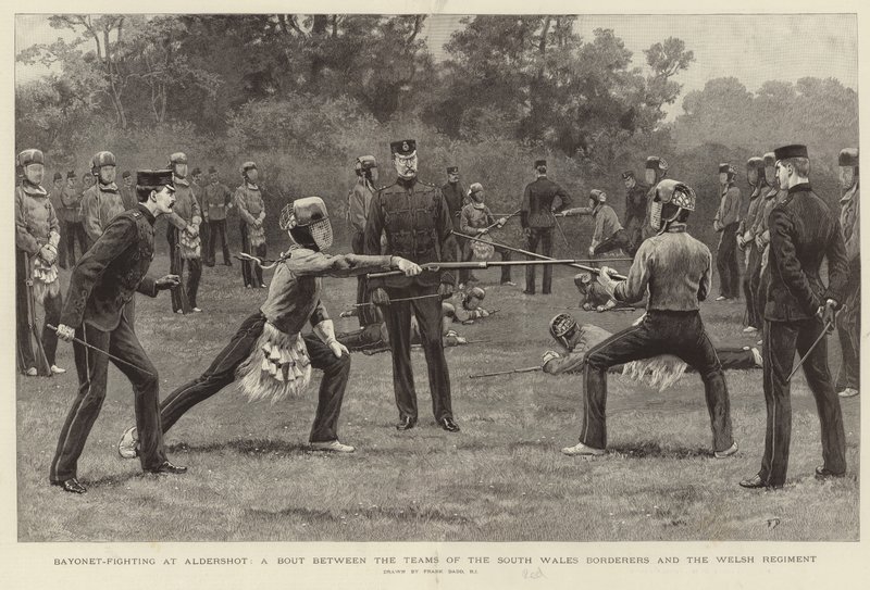 Bajonetgevecht in Aldershot door Frank Dadd