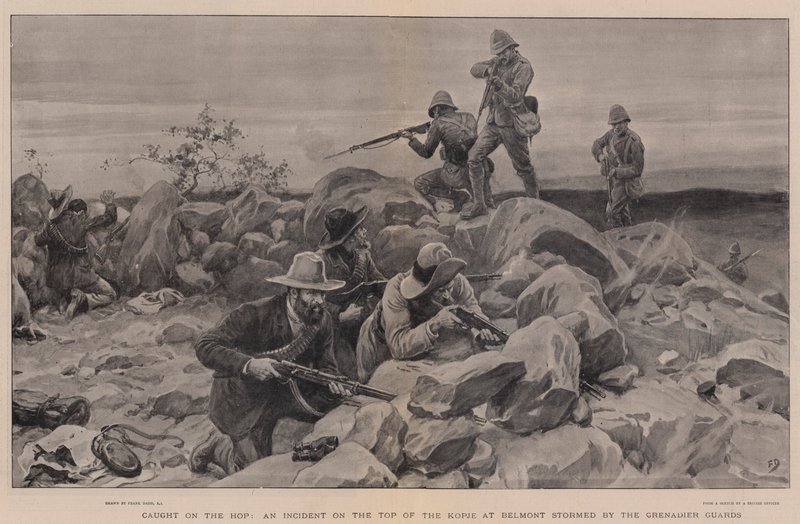 Betrapt op de Sprong, een Incident op de Top van de Kopje bij Belmont bestormd door de Grenadier Guards door Frank Dadd