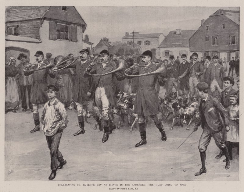 Viering van St. Hubertusdag in Bievre in de Ardennen, de jacht gaat naar de mis door Frank Dadd