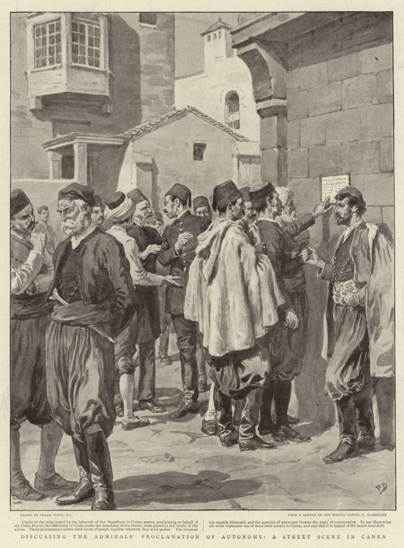 Bespreking van de Proclamatie van Autonomie door de Admiraal, een Straatscène in Canea door Frank Dadd