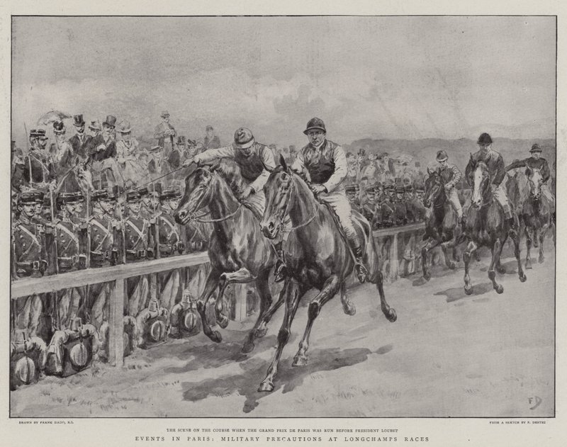 Gebeurtenissen in Parijs, militaire voorzorgsmaatregelen bij Longchamps Races door Frank Dadd