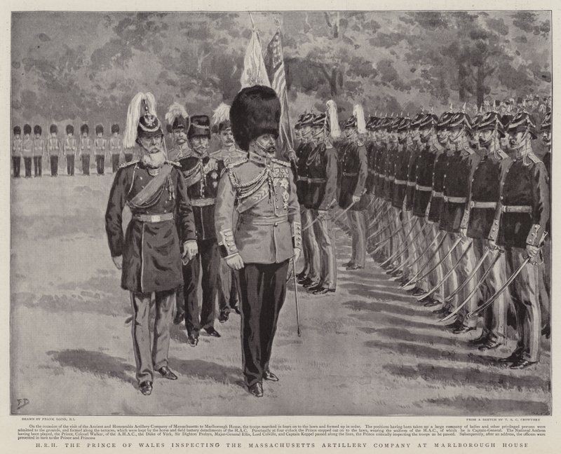 ZKH de Prins van Wales inspecteert de Massachusetts Artillery Company bij Marlborough House door Frank Dadd
