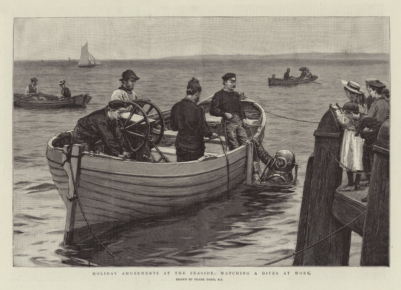 Vakantievermaak aan zee, kijken naar een duiker aan het werk door Frank Dadd