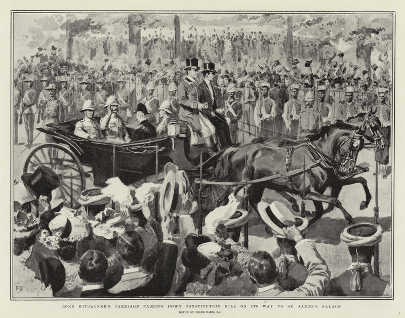 De koets van Lord Kitchener rijdt Constitution Hill af op weg naar St. James