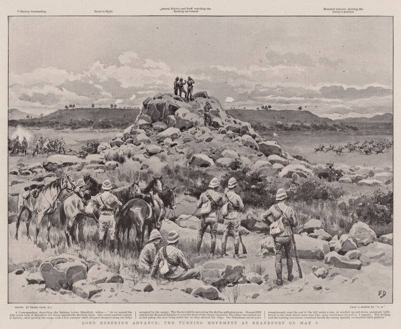 De opmars van Lord Roberts, de omsingelingsbeweging bij Brandfort op 3 mei door Frank Dadd